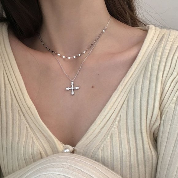 #NEW 925 Sterling Silver Diamond Cross Double Layer Necklace - Picture 4 of 9